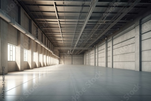 Interior and exterior view of a warehouse or industry building used for cargo distribution, loading, storage, and shipping. Empty space with concrete floor. 3D rendering. Generative AI