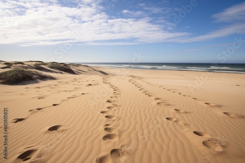 footprints in the sand leading to a visibly untouched picnic