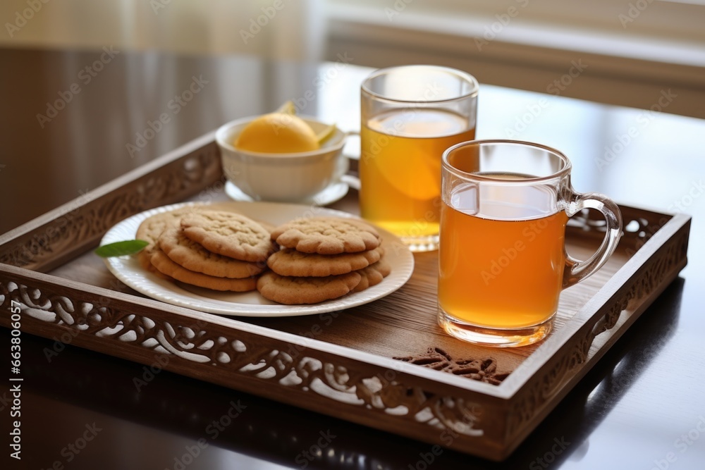 a table tray with tea and cookies