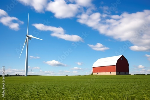 a single wind turbine standing in open farmland