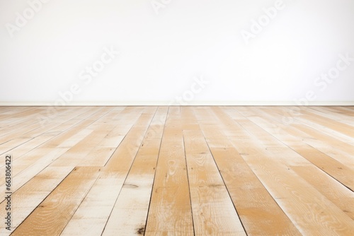 view of a wooden floor extending onto a seamless white backdrop