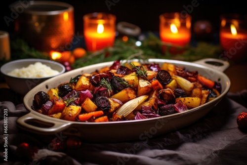 roasted root vegetables with hanukkah decorations
