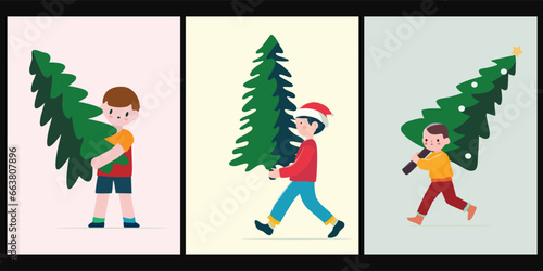 Christmas, cute boy cartoon, minimal flat design, christmas tree background