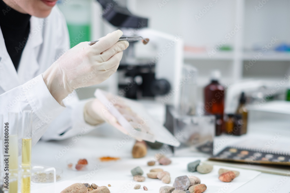 A female geologist or archaeologist is picking up an sample of rock or mineral in paleontology, archaeological and geological or mining laboratory. Concept of fossil research or soil experiment. A female geologist or archaeologist is picking up an sample of rock or mineral in paleontology, archaeological and geological or mining laboratory. Concept of fossil research or soil experiment.