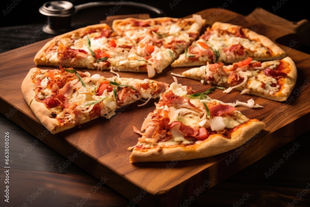 sliced up pizza, pieces facing outwards on a board sliced up pizza, pieces facing outwards on a board