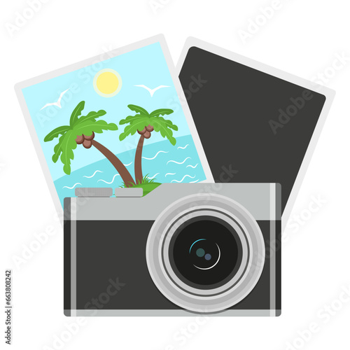 photo camera and photos. Photocamera icon. Flat vector illustration of photocamera with photo
