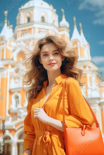 Fashionable Female Model Posing with Bright Orange Outfit. Fictional characters created by Generated AI.