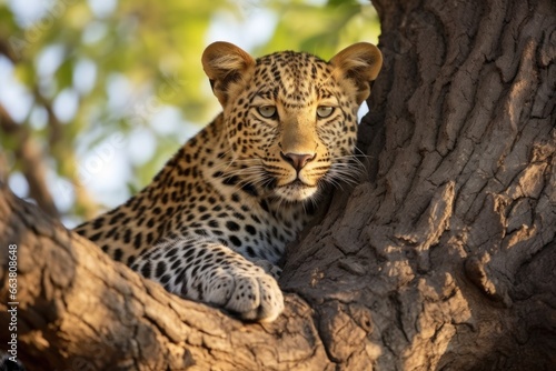 leopard basking on tree branches