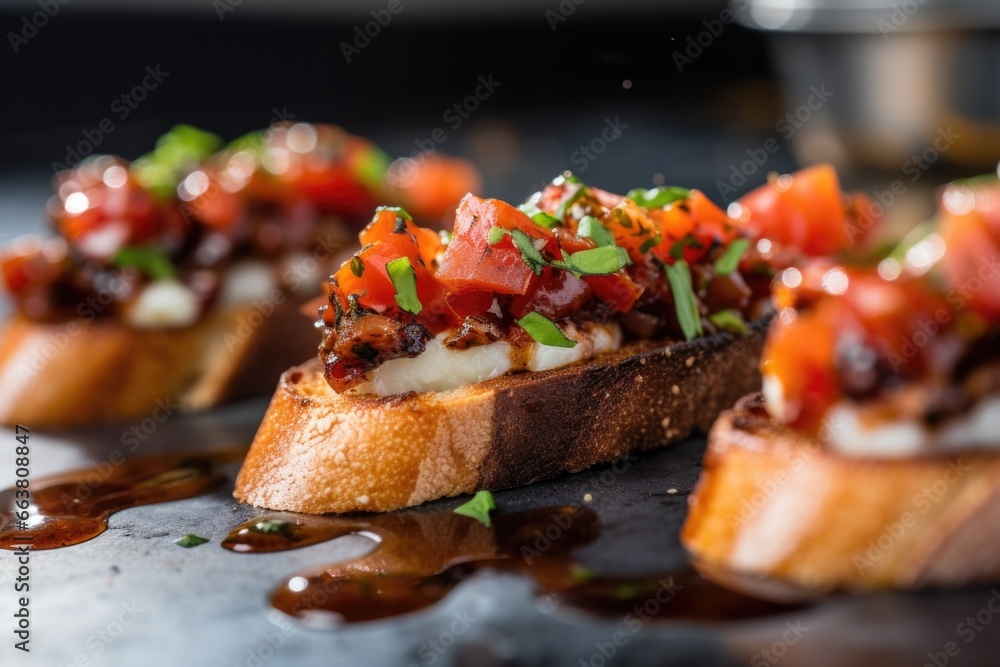 zoomed in image of goat cheese melting on hot bruschetta
