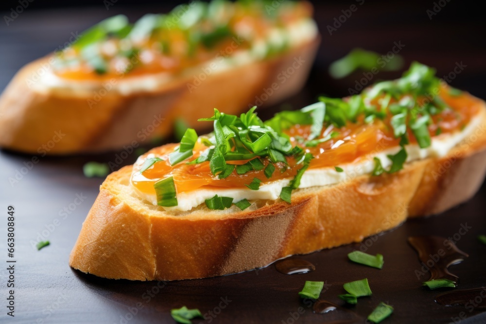 closeup of warm goat cheese bruschetta topped with fresh chives closeup of warm goat cheese bruschetta topped with fresh chives