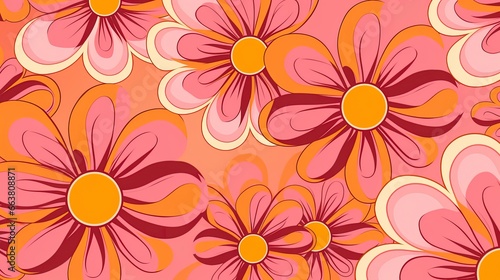 Groovy 1970s vintage retro floral pink flower power illustration with orange and pink colors