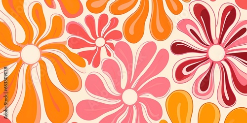 Fototapeta Naklejka Na Ścianę i Meble -  Groovy 1970s vintage retro floral pink flower power illustration with orange and pink colors