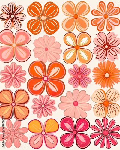 Groovy 1970s vintage retro floral pink flower power illustration with orange and pink colors