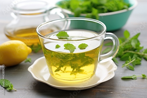 green tea steeping with fresh mint and lemon
