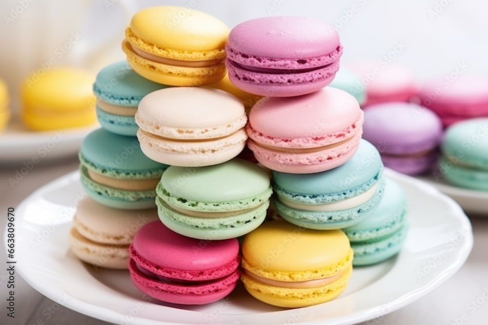 surreal colored macarons stacked on a clear white plate