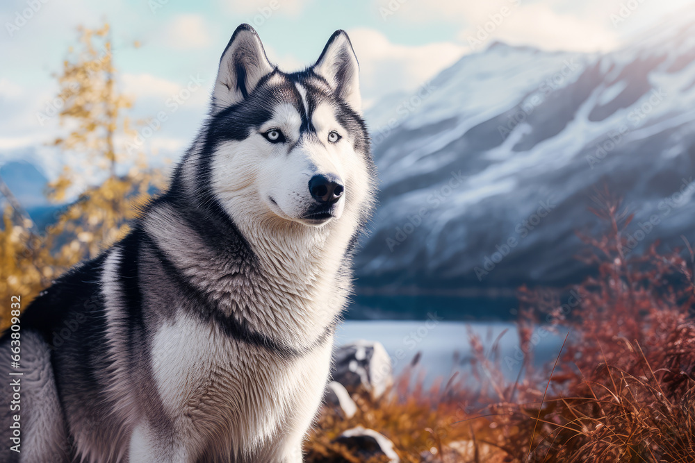 Husky Dog In Alaska In Winter Season. Mountain Landscape In The Background. Ai Generated
