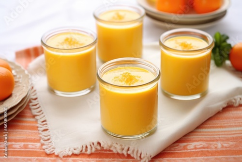 orange mousse in tall glass jars on a bright tablecloth photo