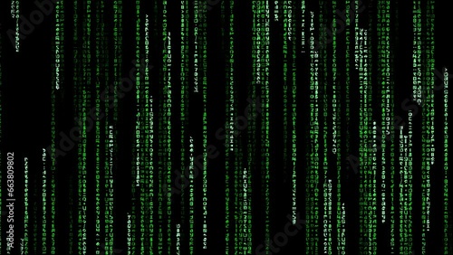 Green random code motion animation on a black screen. 4k quality background video
