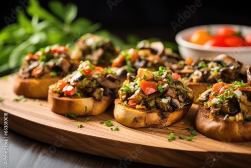 fresh out of the oven mushroom bruschetta served on a board