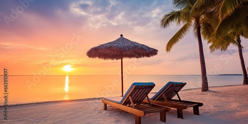 beach chairs with umbrellas set against a beautiful beach view with sunset © candra
