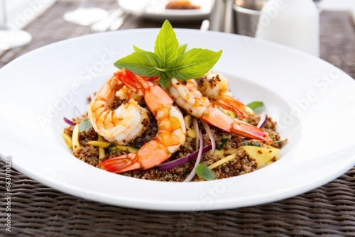 quinoa salad with grilled prawns served in a white dish