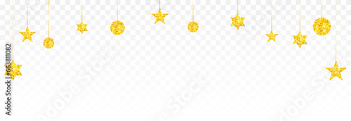 Christmas decoration png. Vector golden toys png. Hanging shiny toys on an isolated background. Gold decorations, sparkling toys.