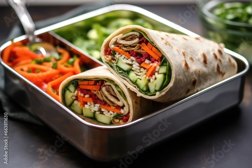 vegetarian wrap sandwich in a stainless steel lunchbox photo