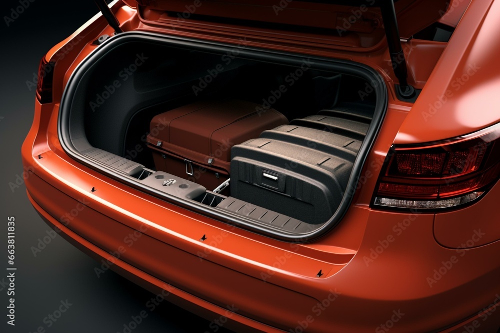 3D-rendered car trunk is portrayed empty and open. Generative AI - obrazy, fototapety, plakaty 