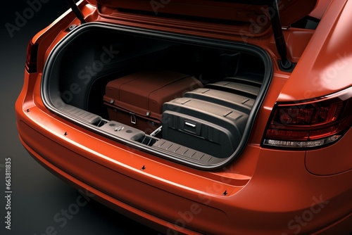 3D-rendered car trunk is portrayed empty and open. Generative AI