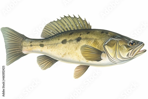 Colorful illustration of a European bass, side view of the fish with thorny dorsal fins, isolated on a white background. Generative AI