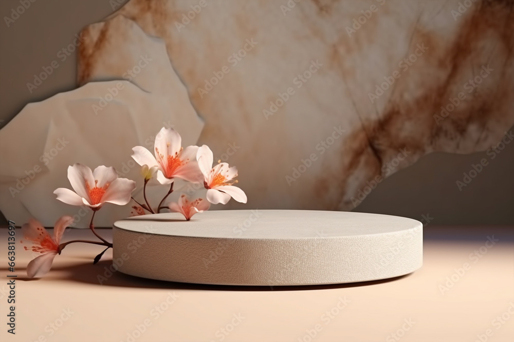 Blank 3d podium mockup decorated with flowers and shadow effect Blank 3d podium mockup decorated with flowers and shadow effect