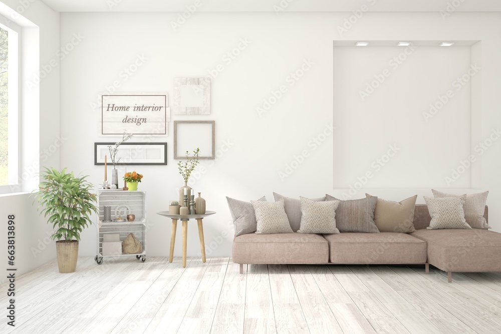 Obraz premium White scandinavian interior design with sofa. 3D illustration