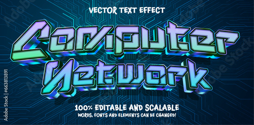 Computer Network 3d Editable Text Effect Cartoon Style Premium Vector, purple blue cyberpunk