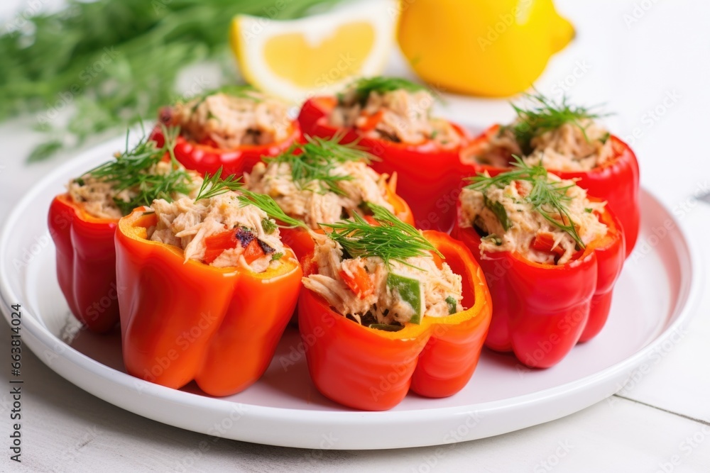 close view of stuffed peppers with tuna on a white plate close view of stuffed peppers with tuna on a white plate
