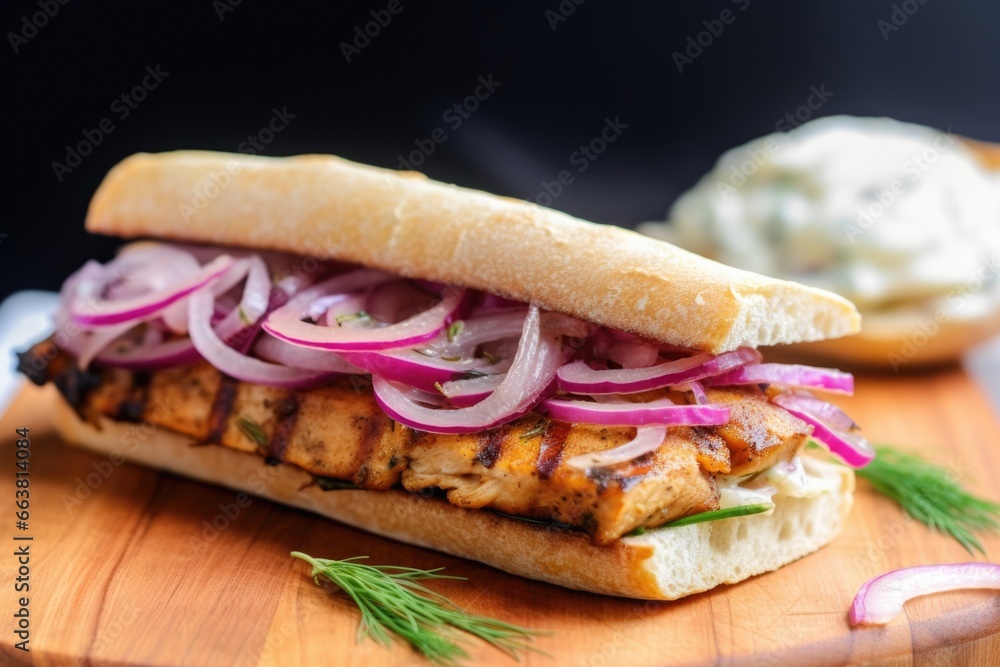 macro shot of a tempeh sandwich with sauteed onions macro shot of a tempeh sandwich with sauteed onions