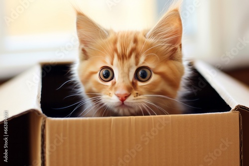 Cute funny cat in a cardboard box. AI generative
