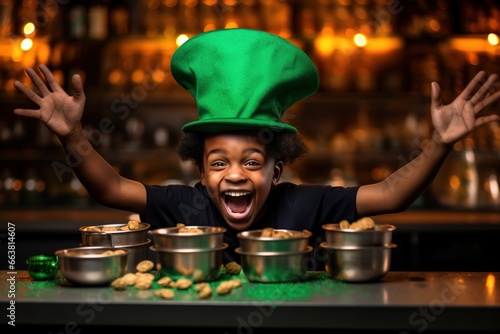St. Patrick's Day, Irish holiday, culture and tradition, African American Kid boy wearing green leprechaun hat and clover leaf, Children having fun at St Patrick party lot of golden coins photo