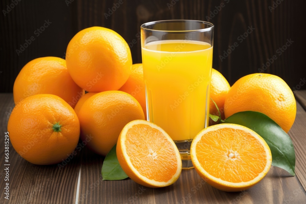 fresh oranges next to a glass of fresh juice fresh oranges next to a glass of fresh juice