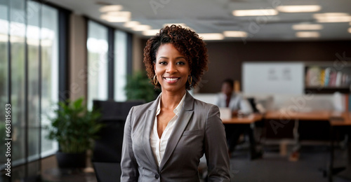 Happy businesswoman standing at the office, professional executive woman smiling at work. Copy space for ad and advertising. Corporate concept, executive female agent, cheerful business adviser.