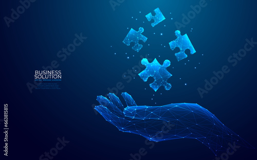Digital puzzle hologram on a hand. Success solution concept. Abstract jigsaw pieces on technology blue background in futuristic low poly wireframe style. Human palm-holding puzzle. Vector illustration