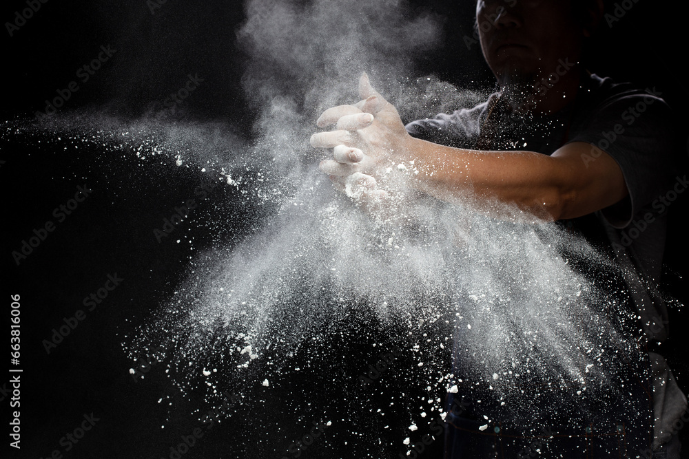 Chef prepare white flour dust for cooking bakery food. Elderly man Chef