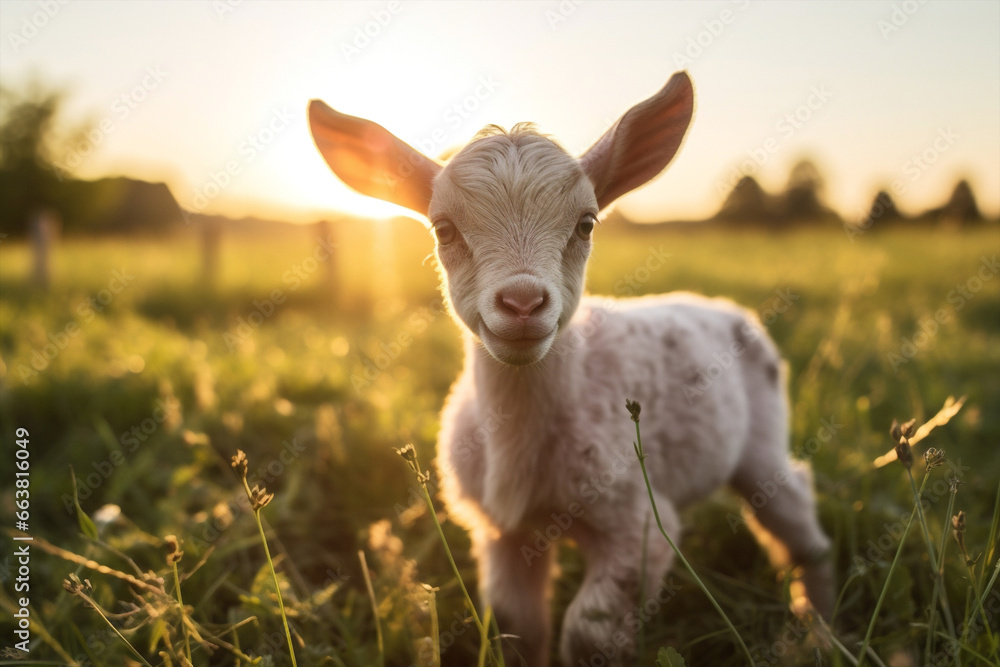 Obraz premium Rural summer sunset landscape cute domestic green grass farming sun goat baby animals
