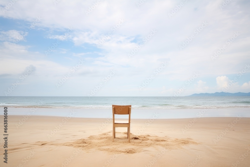 a deserted sandy beach with an empty chair
