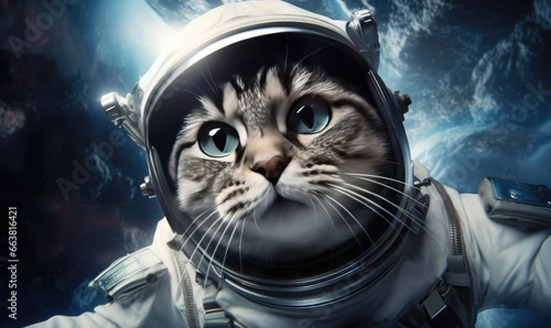 In zero gravity, a space-faring cat in a suit gracefully navigates the celestial realm.