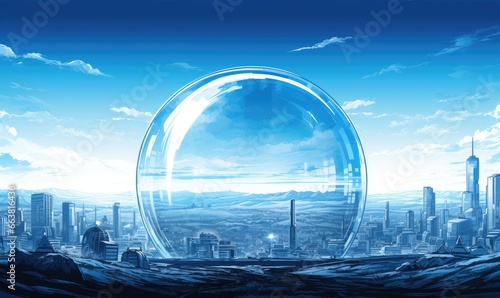 A futuristic metropolis resides beneath the sheltering canopy of a magnificent glass dome. photo