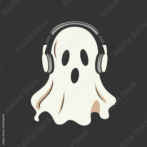 Cartoon Kawaii Ghost Wearing Headphones. Happy Halloween. Cute cartoon spooky character. Vector illustration