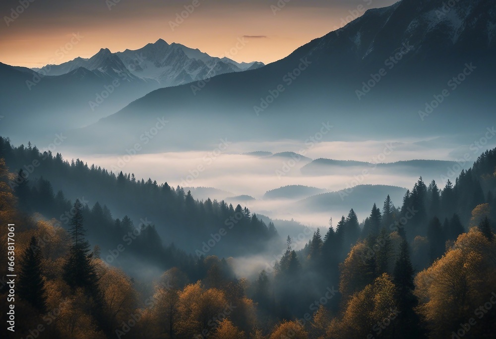 Photo realistic illustration of mountains forest fog morning mystic Graphic Art
