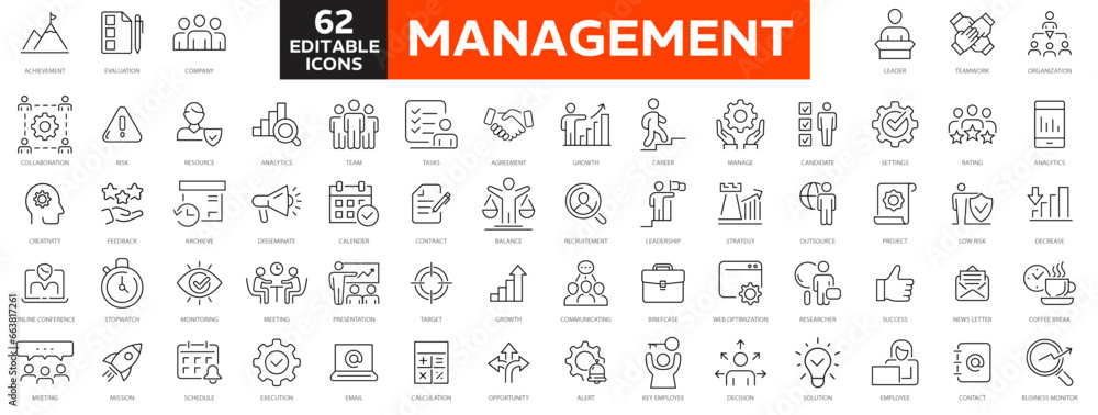 Business Management Outline Icon Collection. Thin Line Set contains such Icons as Vision, Mission, Values, Human Resource, Experience and more. Simple web icons set. - obrazy, fototapety, plakaty 