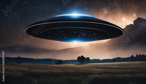 dark  starry night sky with a mysterious  glowing UFO hovering above a rural landscape
