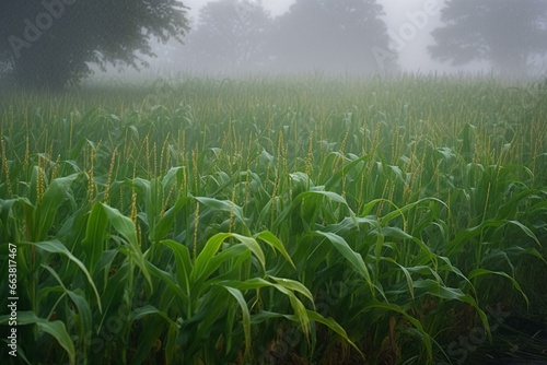 Morning drizzle on young cornfield. Generative AI photo